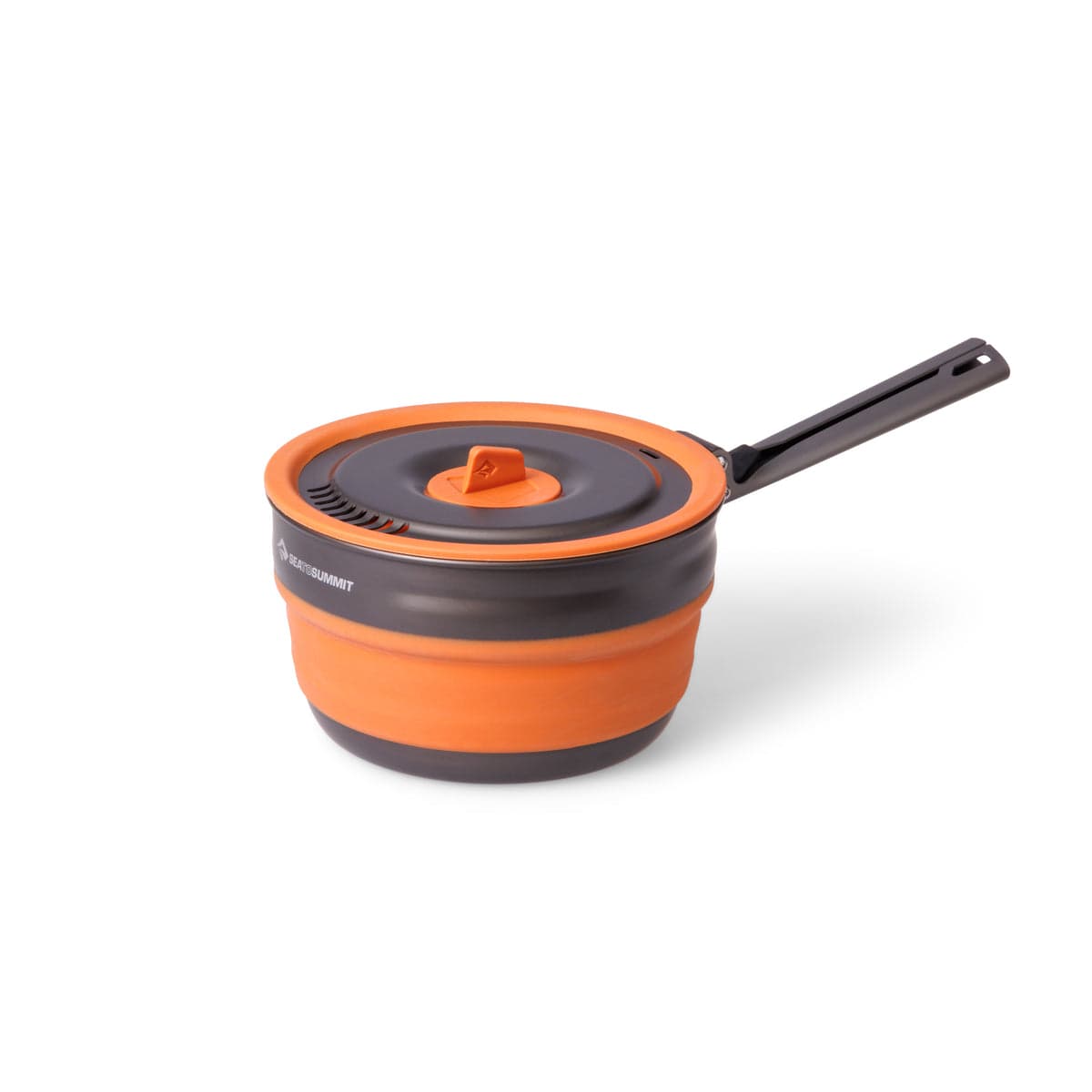 Sea to Summit XLite Collapsible Pot in Burnt Orange with its lid and handle