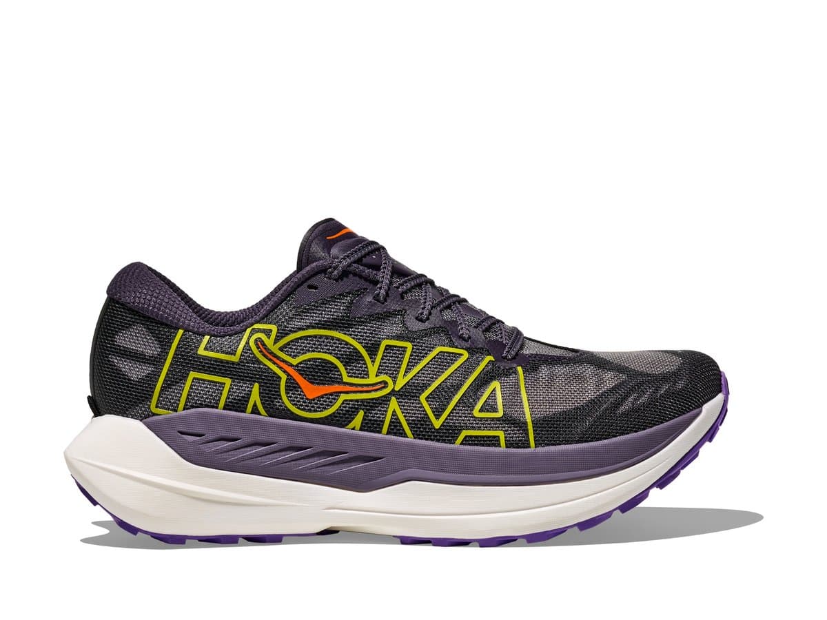 HOKA Rocket X Trail shoe in Squid Ink and Neon Nebula