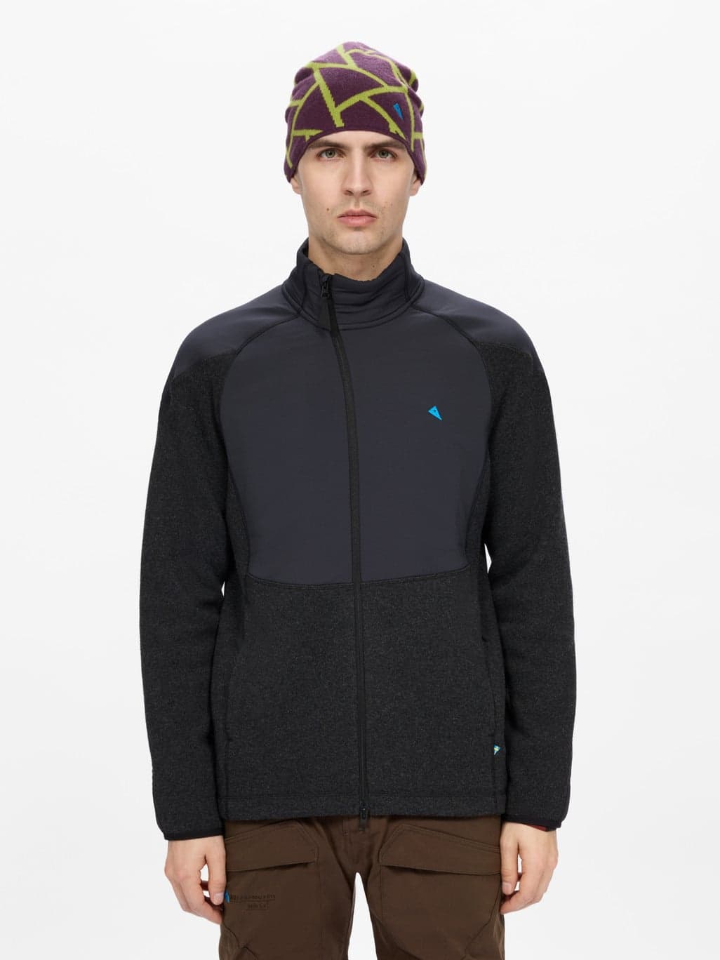 Model wearing the black Klättermusen Balderus wool fleece jacket