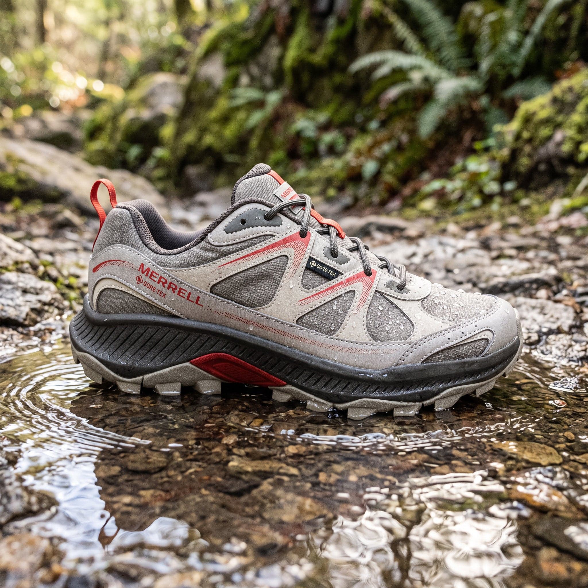 Grey and orange Merrell Tempo EXP Active GORE-TEX low hiking shoe standing in shallow water