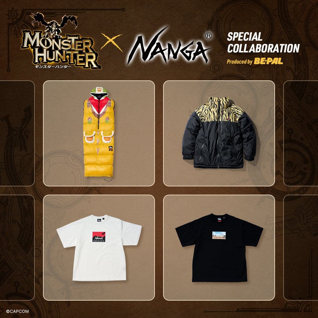 Monster Hunter and NANGA collection showing a yellow Palico sleeping bag, black down jacket and two graphic T-shirts