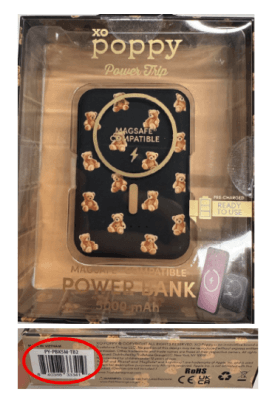 Recalled black teddy-bear-print XO Poppy Power Trip power bank in its package, with the package identifier circled in the CPSC photo